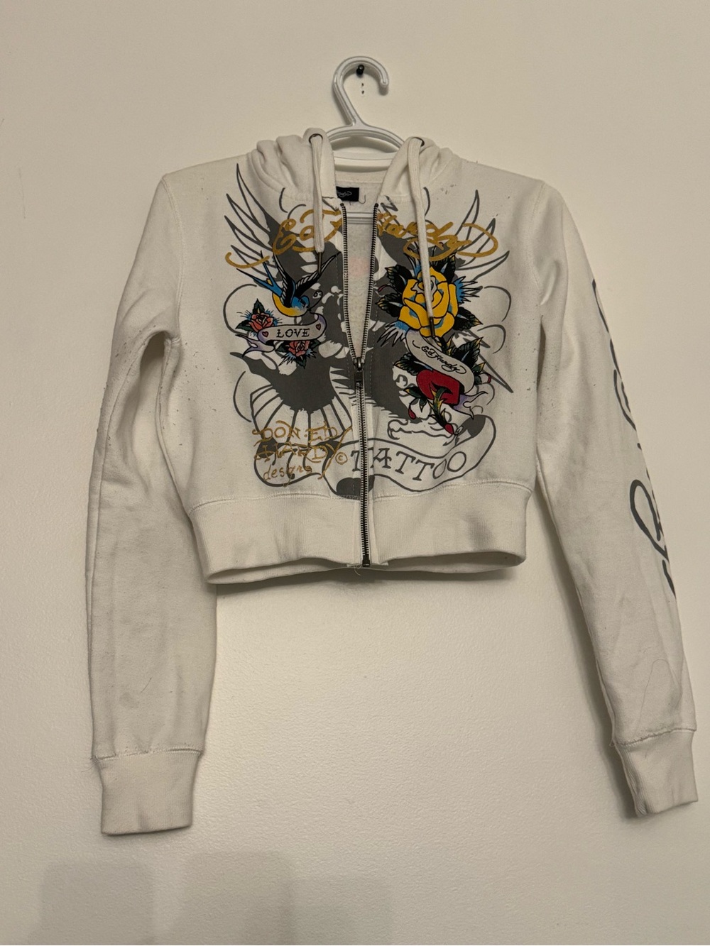 Ed Hardy White Graphic Zip Hoodie Jacket with Tattoo-Inspired Print